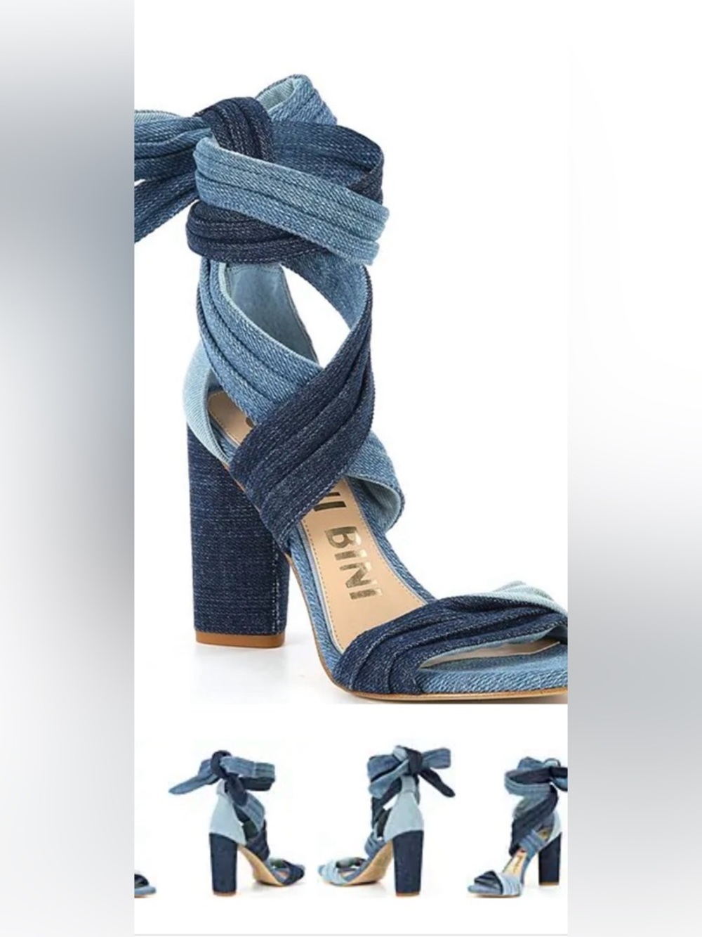 Gianni Bini Two-Tone Blue Denim Ankle Wrap Block Heel Sandals